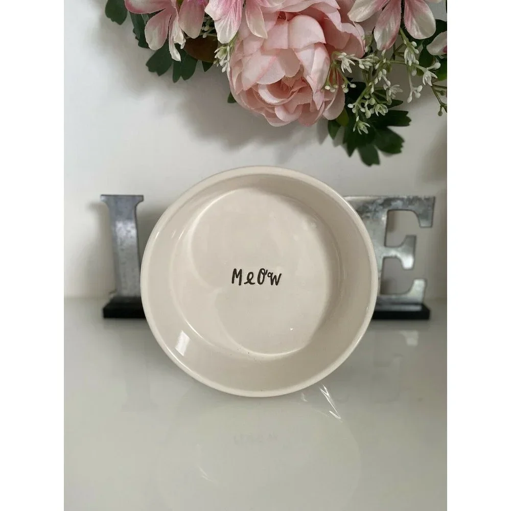 Artisan Rae Dunn‎ Meow White Black Ceramic Cat Bowl Pet Food Dish 5